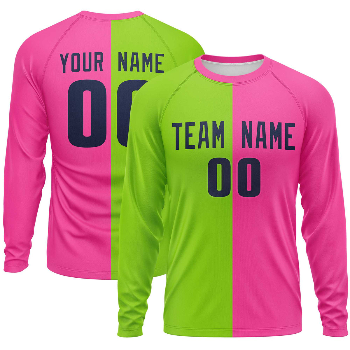 Custom Neon Green Pink Crew Neck Split Design Long Sleeve Performance T-Shirt | KXKSHOP