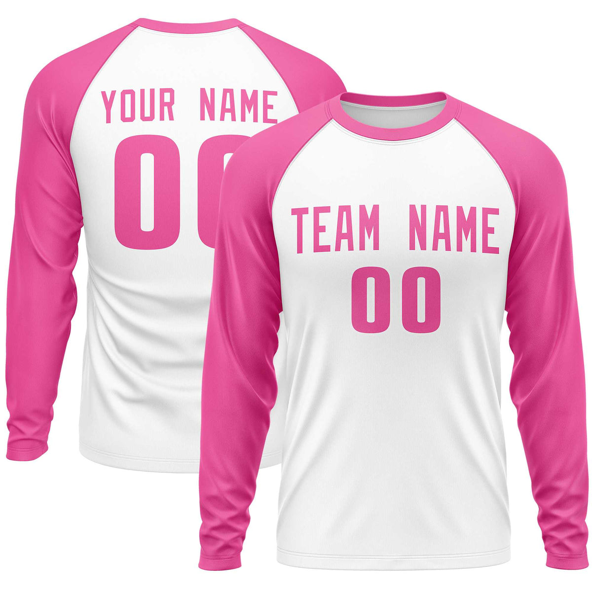 Custom White Pink Crew Neck Raglan Long Sleeve Performance T-Shirt | KXKSHOP