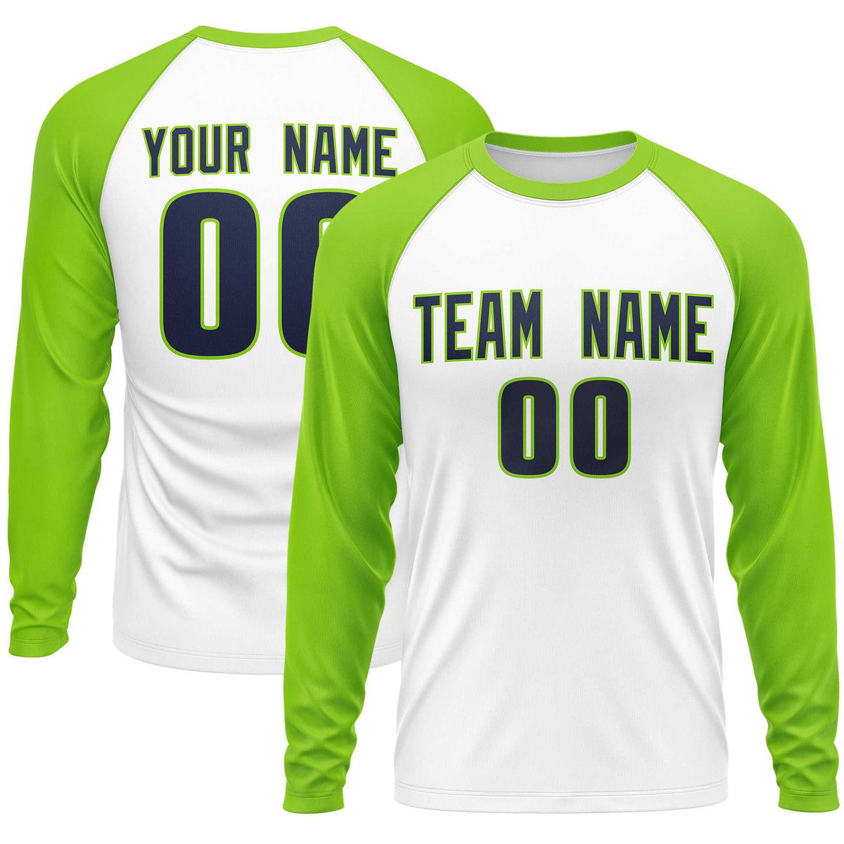 Custom White Neon Green Crew Neck Raglan Long Sleeve Performance T-Shirt | KXKSHOP