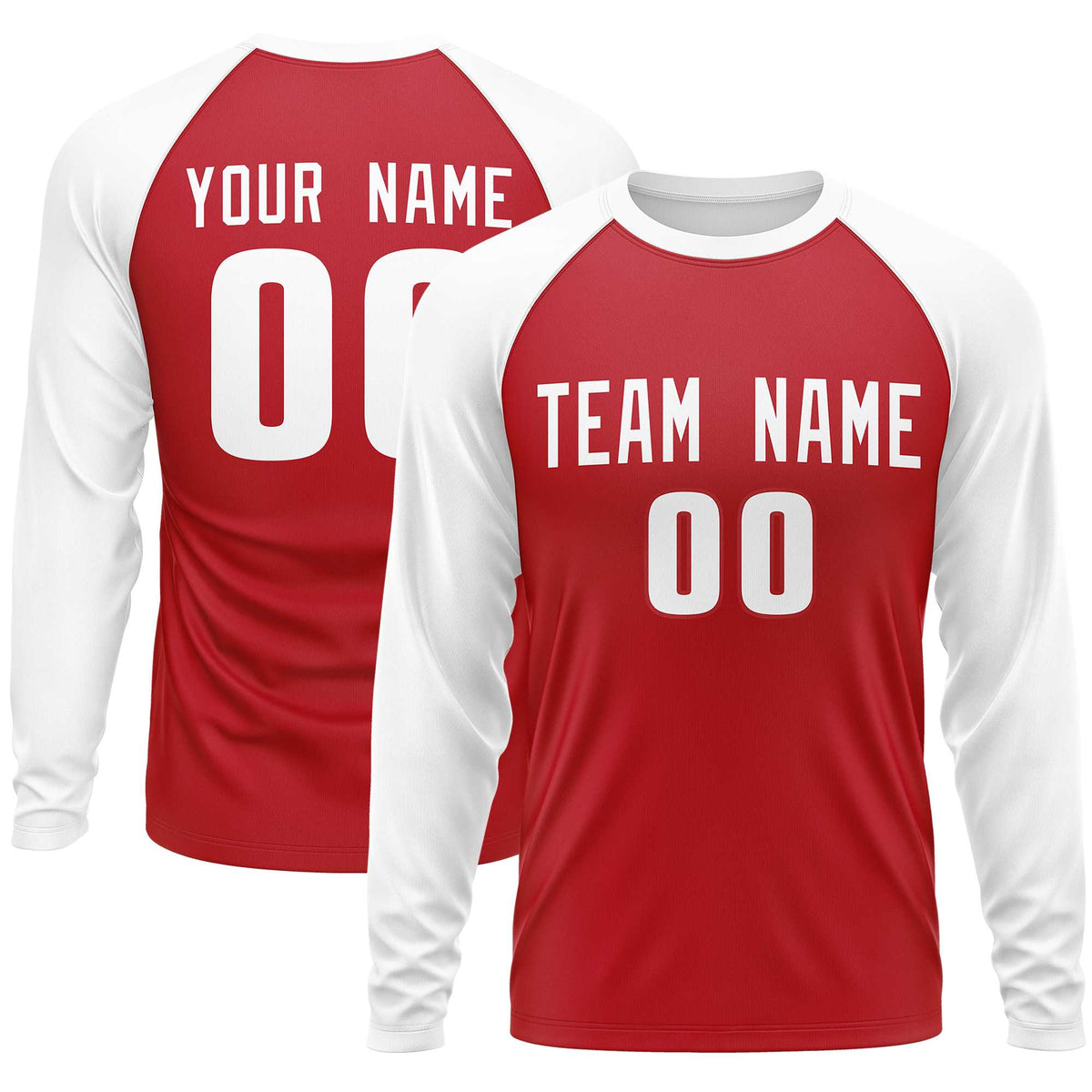 Custom Red White Crew Neck Raglan Long Sleeve Performance T-Shirt | KXKSHOP