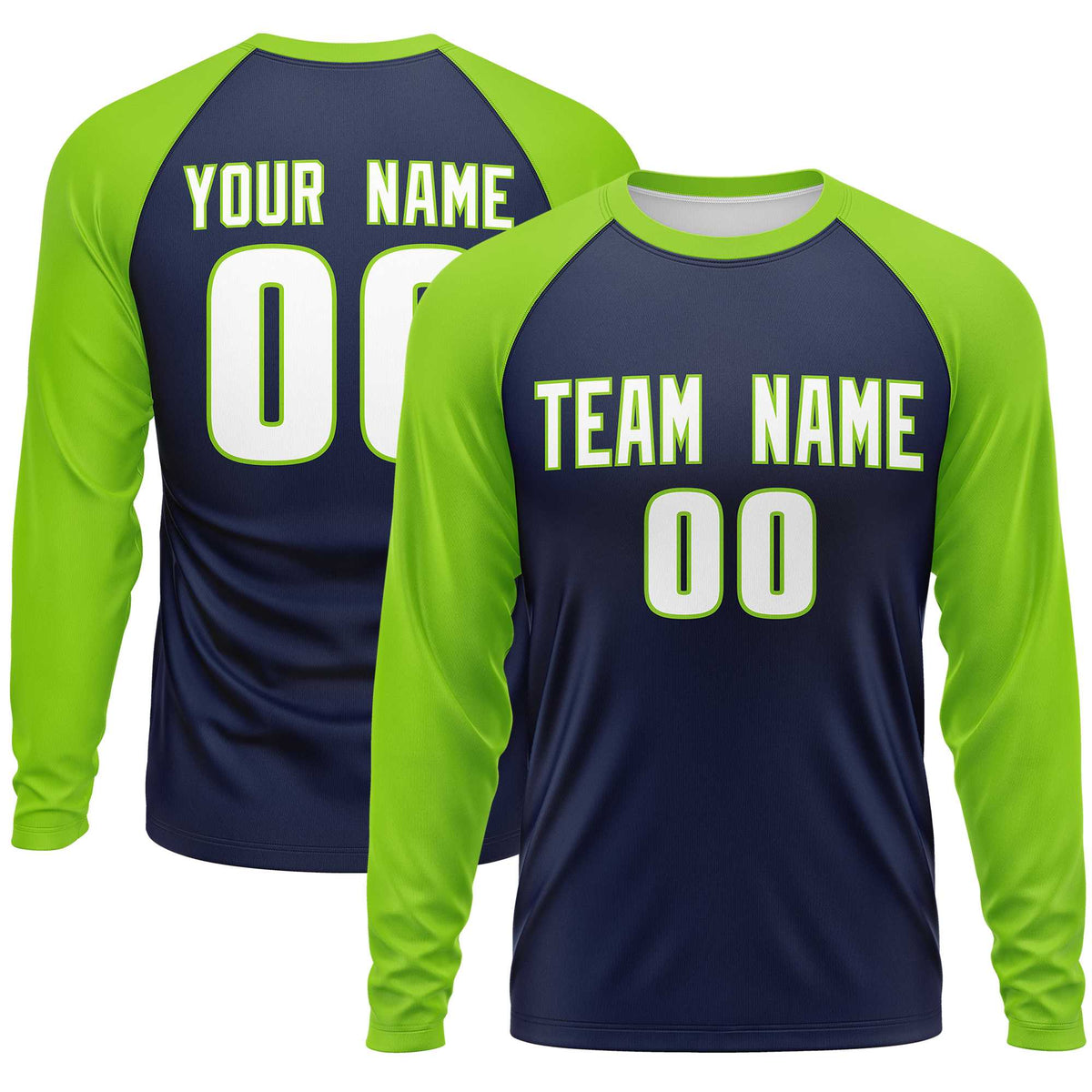 Custom Navy Neon Green Crew Neck Raglan Long Sleeve Performance T-Shirt | KXKSHOP