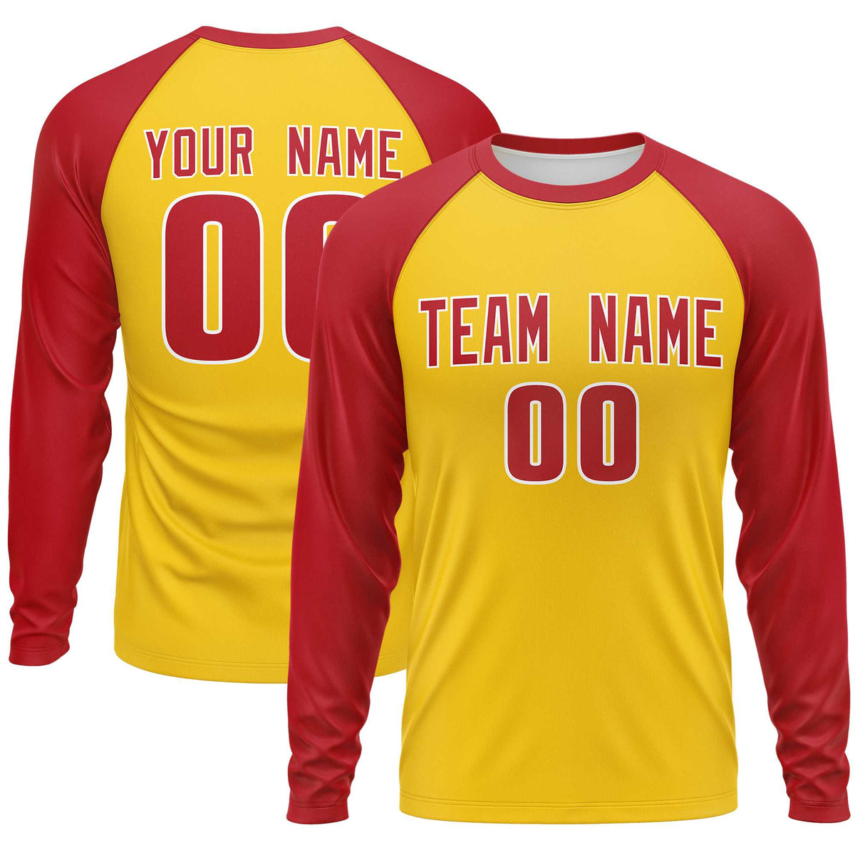 Custom Gold Red Crew Neck Raglan Long Sleeve Performance T-Shirt | KXKSHOP
