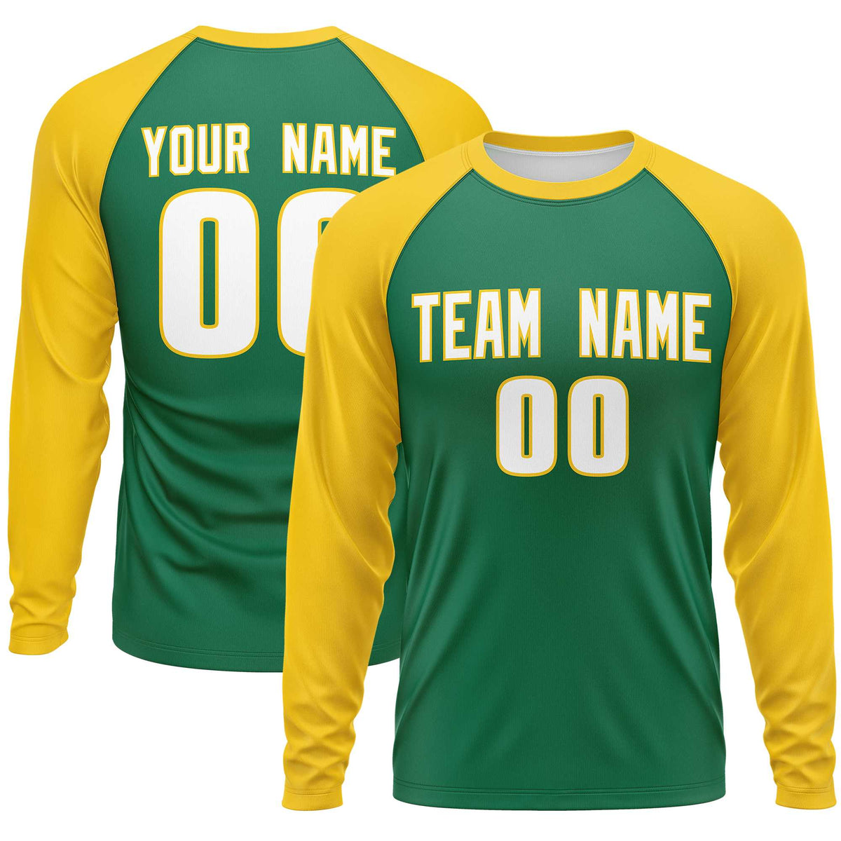Custom Kelly Green Gold Crew Neck Raglan Long Sleeve Performance T-Shirt | KXKSHOP