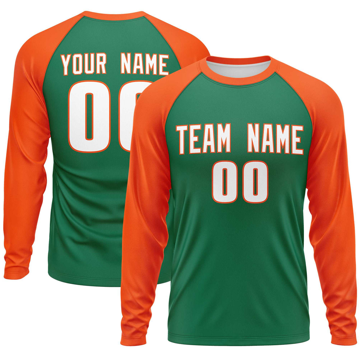 Custom Kelly Green Orange Crew Neck Raglan Long Sleeve Performance T-Shirt | KXKSHOP
