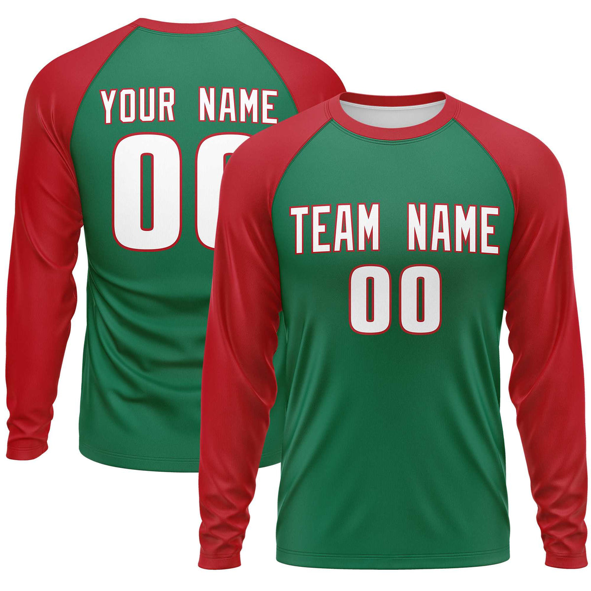 Custom Kelly Green Red Crew Neck Raglan Long Sleeve Performance T-Shirt | KXKSHOP