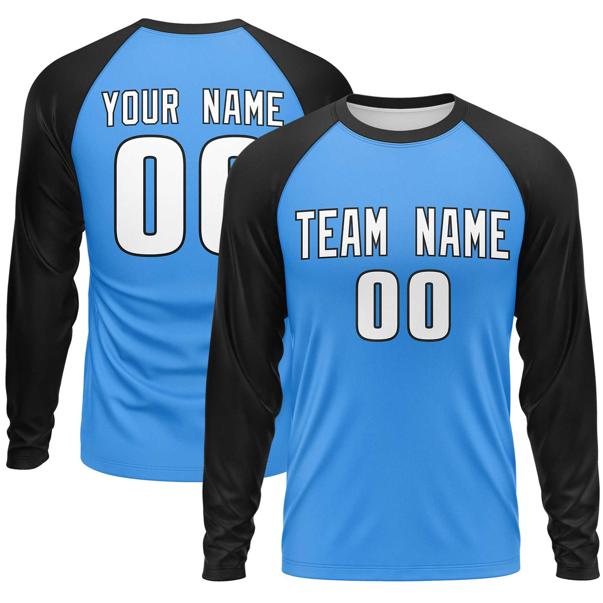 Custom Powder Blue Black Crew Neck Raglan Long Sleeve Performance T-Shirt | KXKSHOP