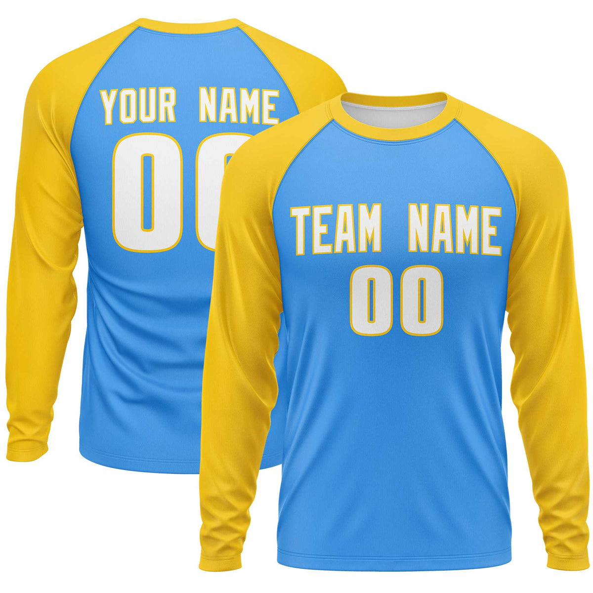 Custom Powder Blue Gold Crew Neck Raglan Long Sleeve Performance T-Shirt | KXKSHOP