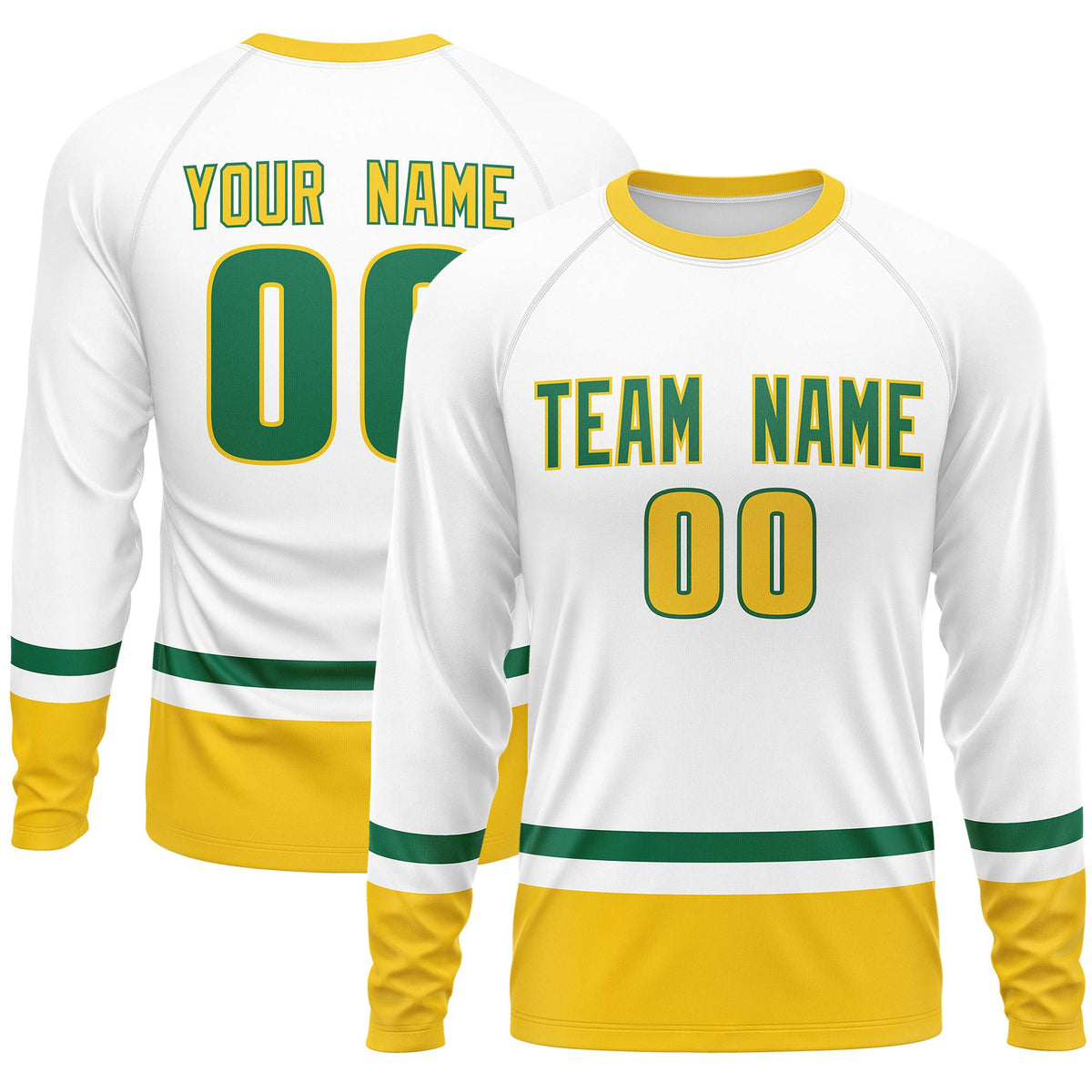 Custom White Kelly Green-Gold Color Block Design Long Sleeve Performance T-Shirt | KXKSHOP