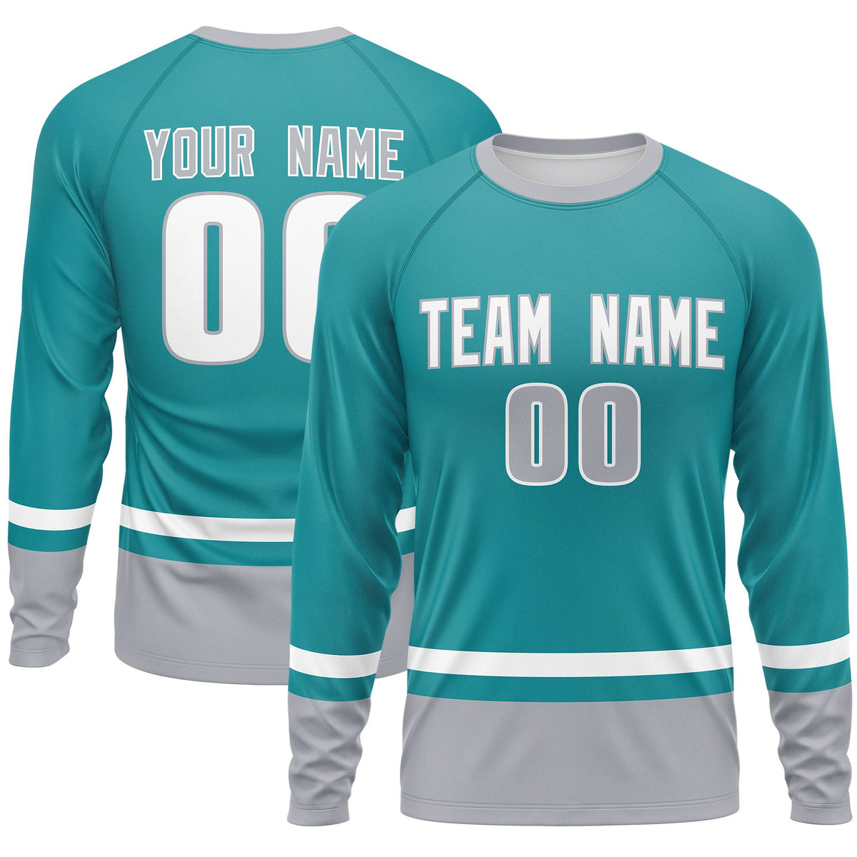 Custom Aqua White-Gray Color Block Design Long Sleeve Performance T-Shirt | KXKSHOP