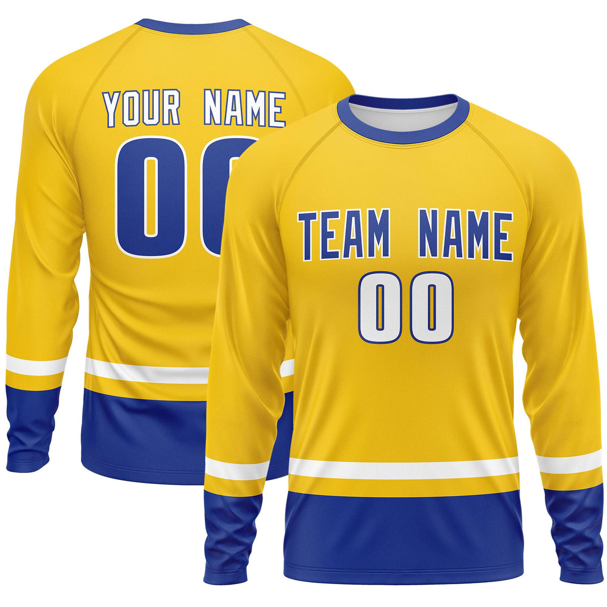 Custom Gold White-Royal Color Block Design Long Sleeve Performance T-Shirt | KXKSHOP