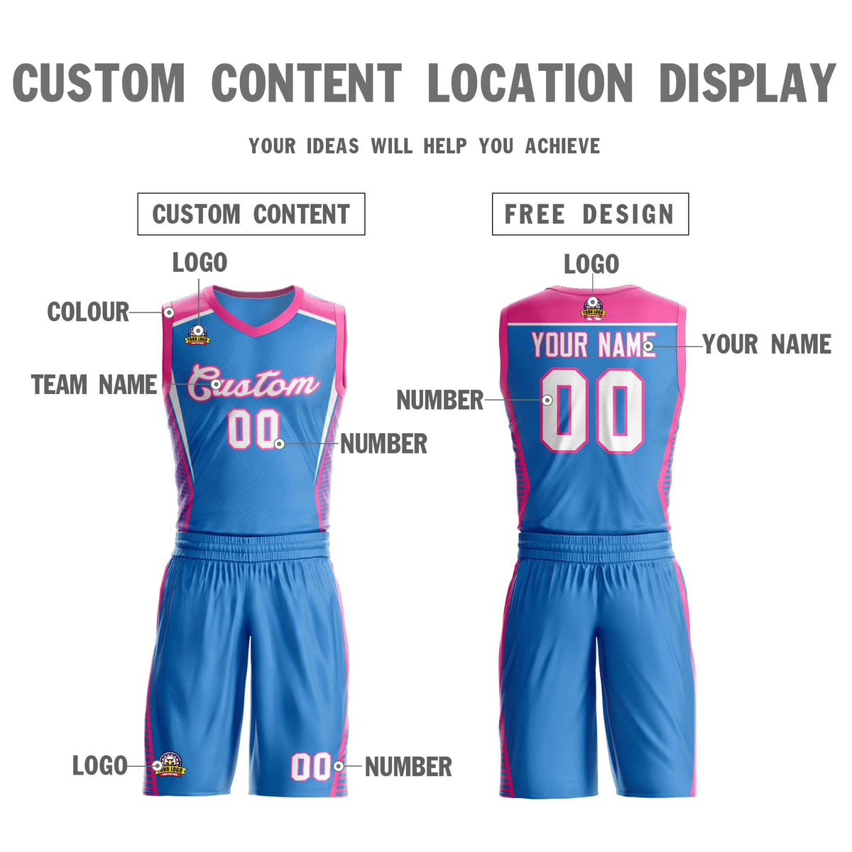 Maillot de basket-ball classique personnalisé bleu poudre, blanc et rose