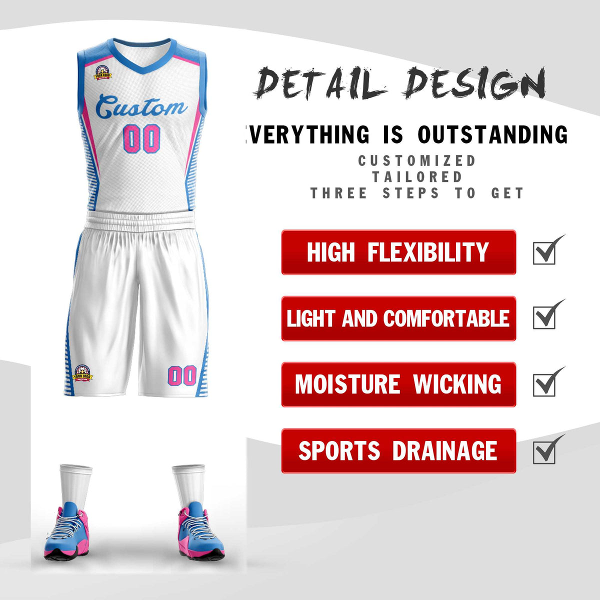 Maillot de basket-ball classique bleu poudre blanc personnalisé en maille