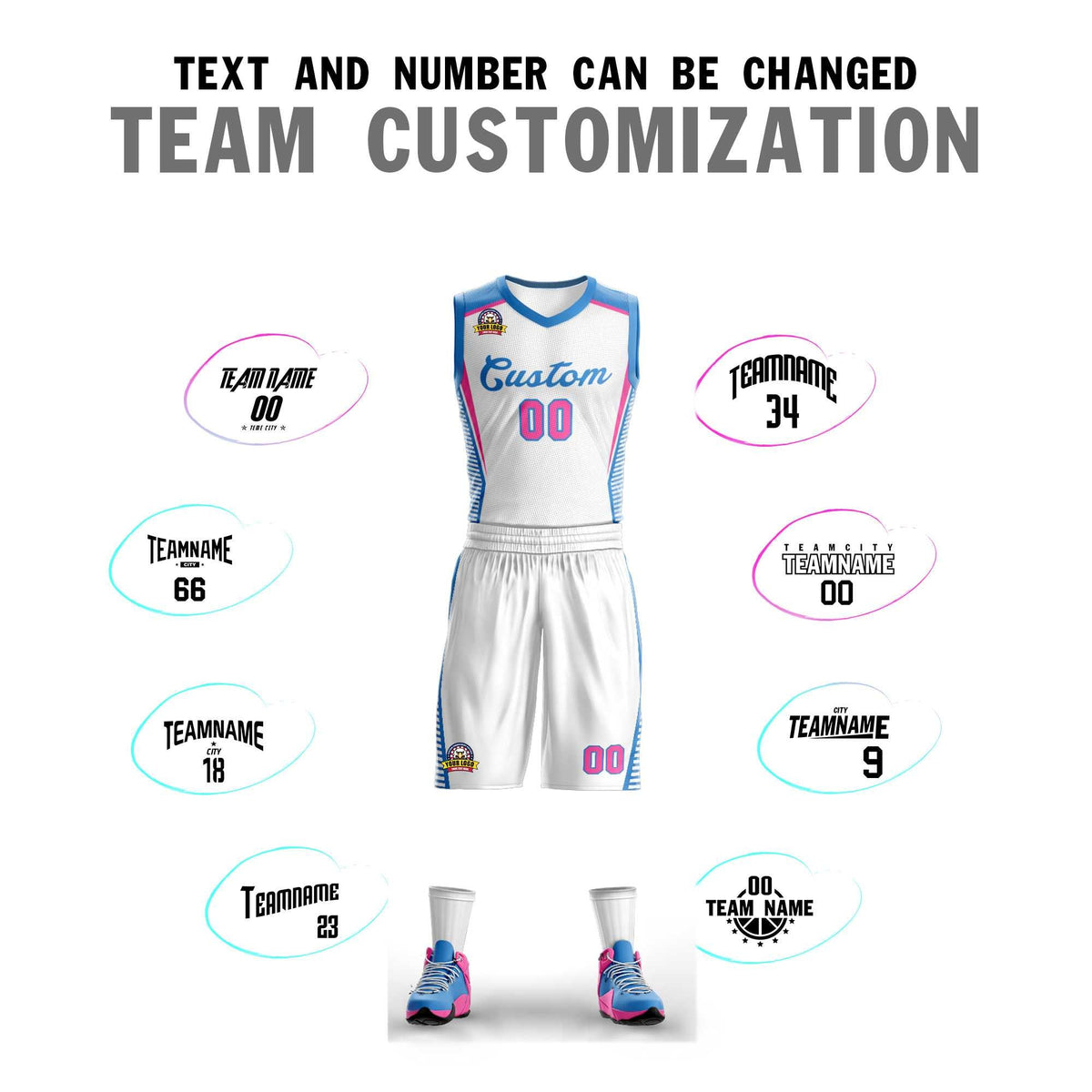 Maillot de basket-ball classique bleu poudre blanc personnalisé en maille