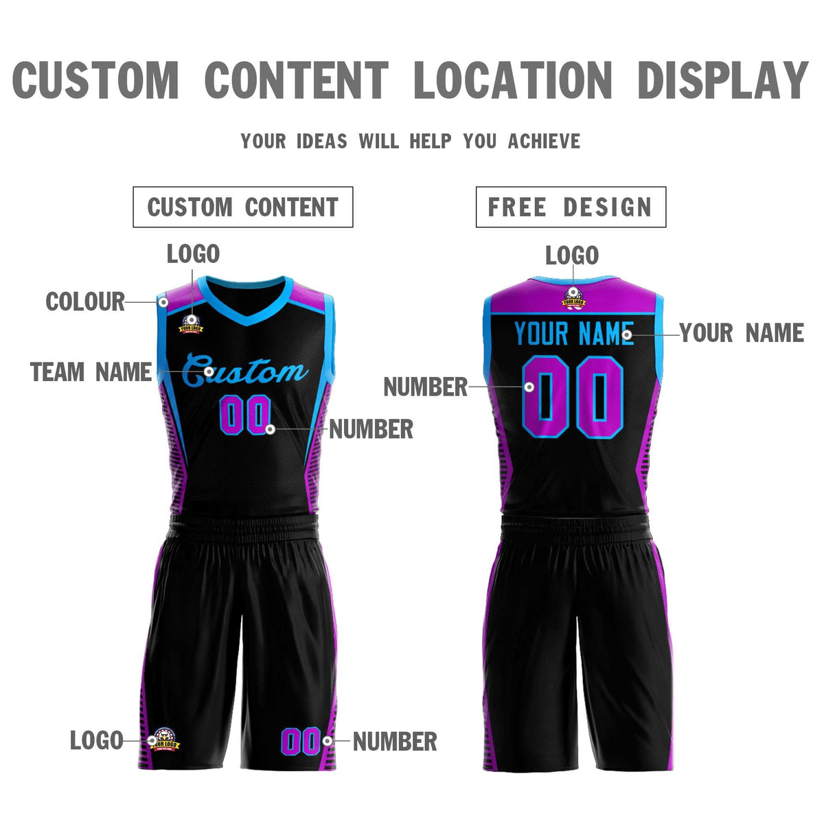 Maillot de basket-ball classique bleu poudre noir personnalisé en maille