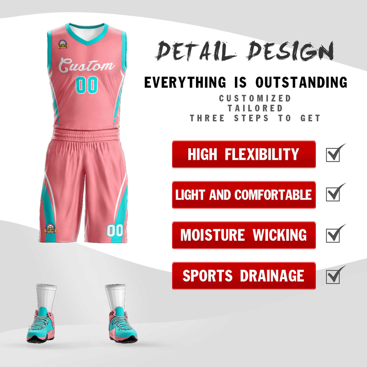 Maillot de basket-ball classique personnalisé rose clair et blanc en maille