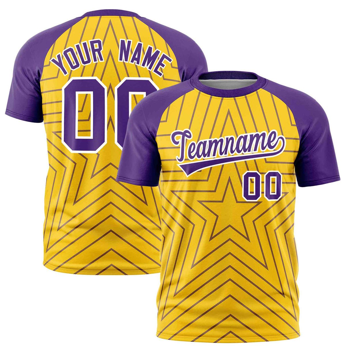 Custom Gold Purple Personalized Star Pattern Raglan Sleeves Performance T-Shirt | KXKSHOP