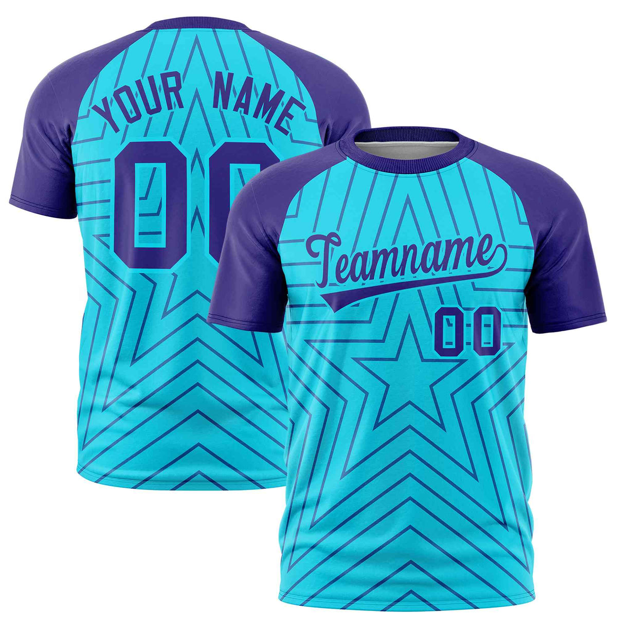 Custom Sky Blue Violet Personalized Star Pattern Raglan Sleeves Performance T-Shirt | KXKSHOP