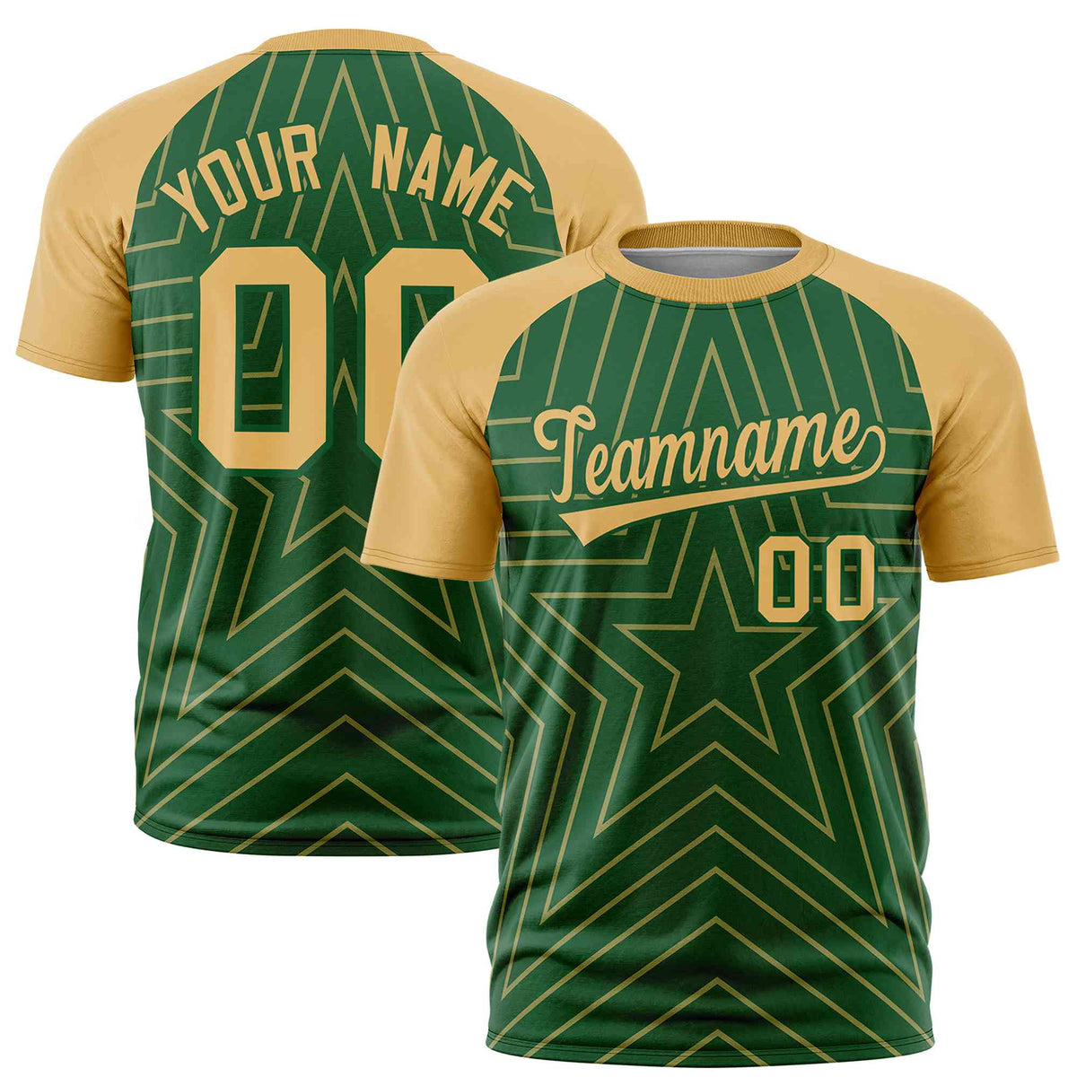 Custom Green Old Gold Personalized Star Pattern Raglan Sleeves Performance T-Shirt | KXKSHOP
