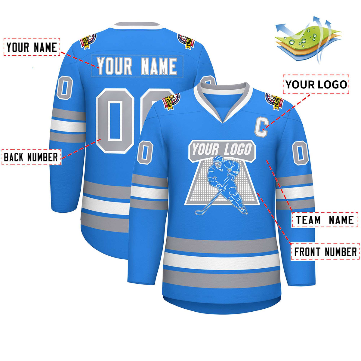 Custom Powder Blue White Powder Blue-Gray Classic Style Hockey Jersey | KXKSHOP