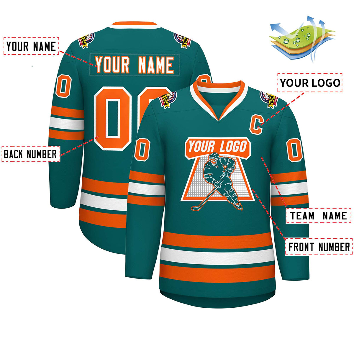 Custom Teal White-Orange Classic Style Hockey Jersey | KXKSHOP