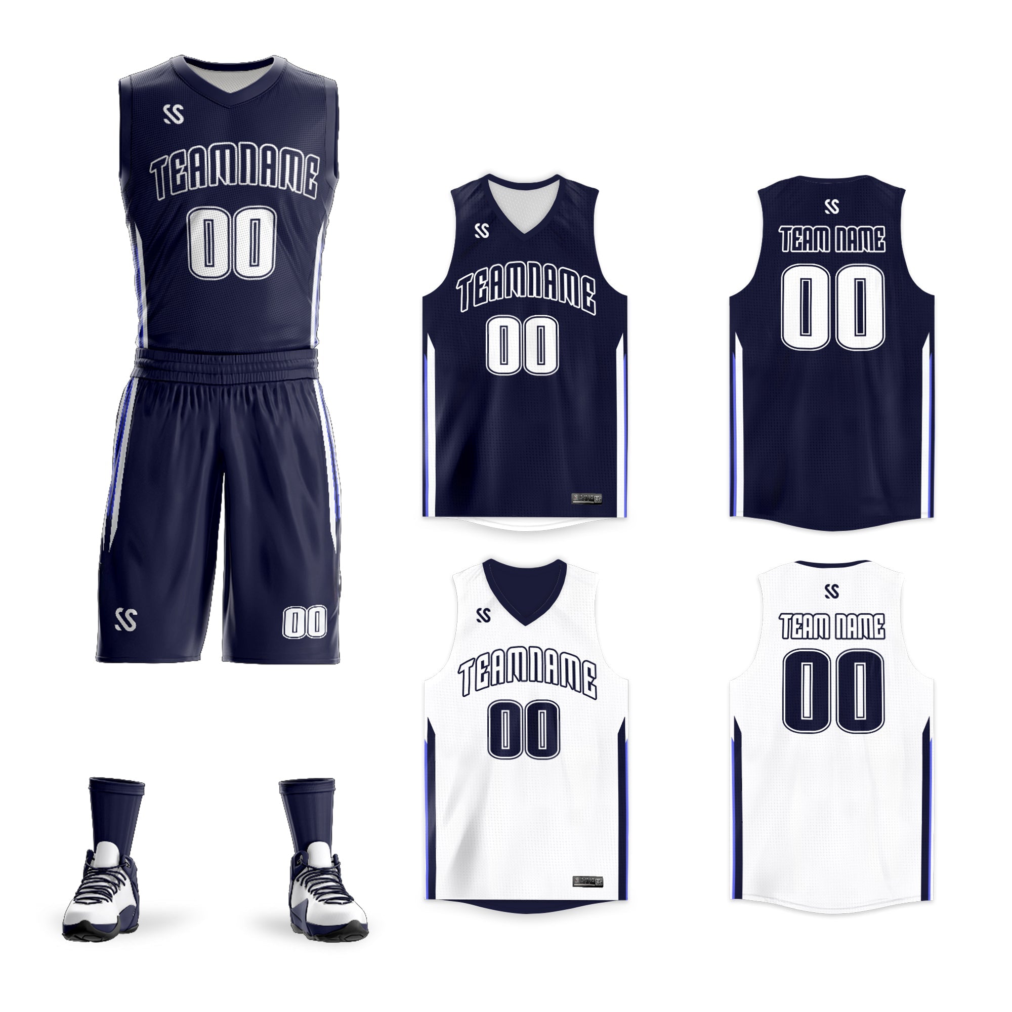 Benutzerdefinierte Navy Weiß Doppel Seite Kits Design Sportswear Basketball Jersey