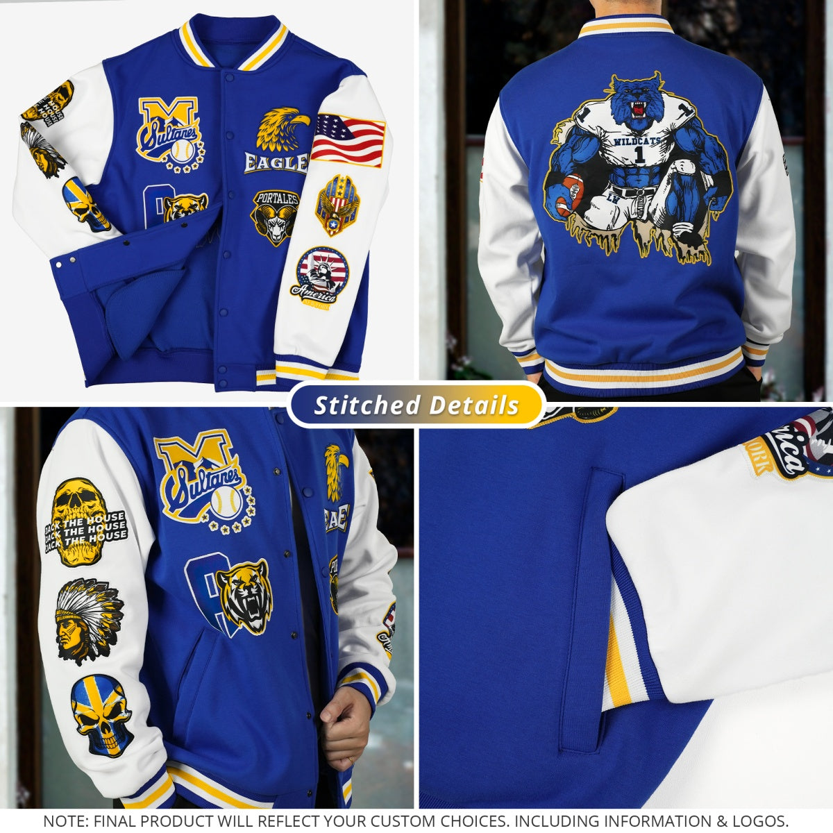 Custom Black Powder Blue White Raglan Sleeves Full-Snap Letterman Cotton Fabric Jacket| KXKSHOP