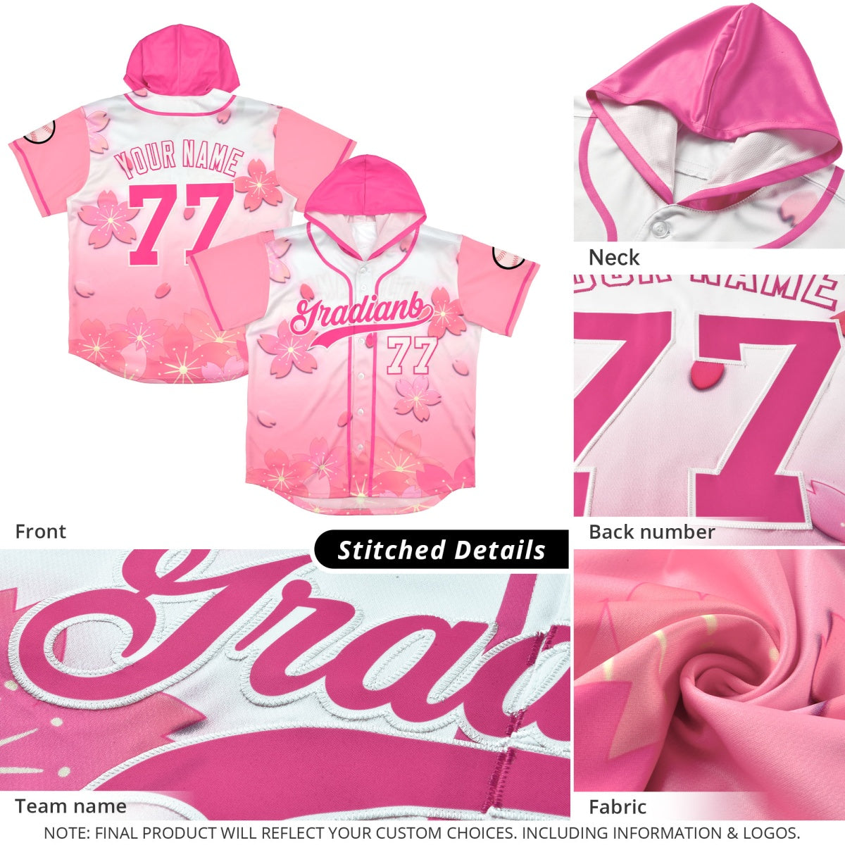 Custom Hooded Baseball Jersey | Pink Gray Cherry Blossom Moisture-Wicking Jersey for Men &amp; Women
