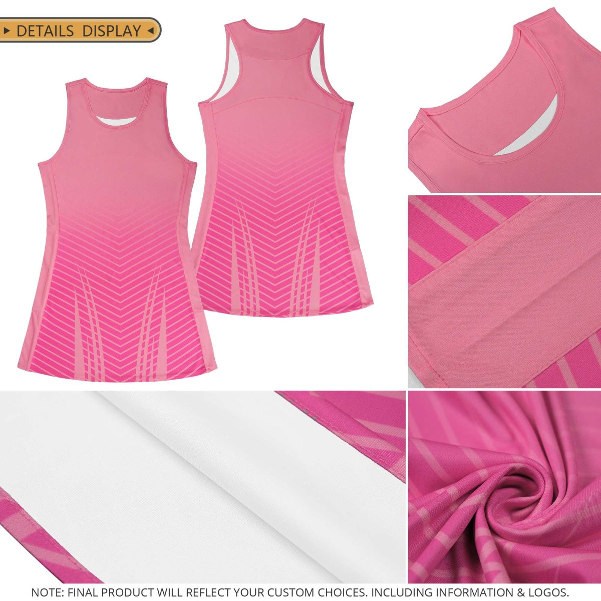 Custom Women Netball Dress | Aqua Rose Red V-Shaped Pinstripes Gradient Team Uniform