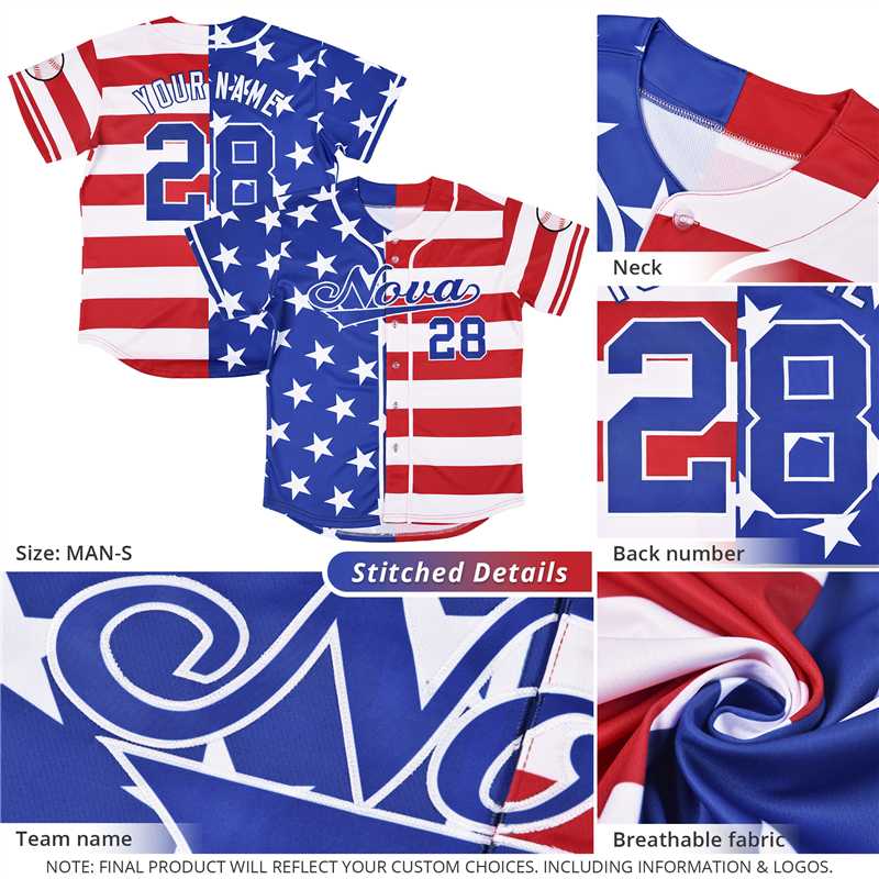 Custom Red White Royal Blue American Flag Graffiti Pattern Split Fashion Independence Day Stretch Fabric Baseball Jersey| KXKSHOP