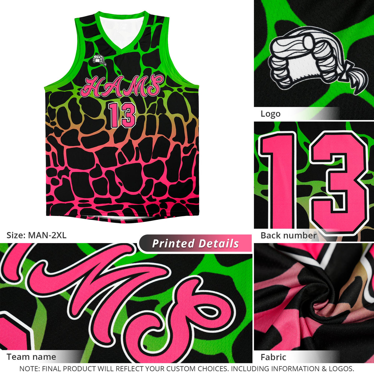Maillot de basket-ball personnalisé à motif graffiti tacheté noir vert-rose