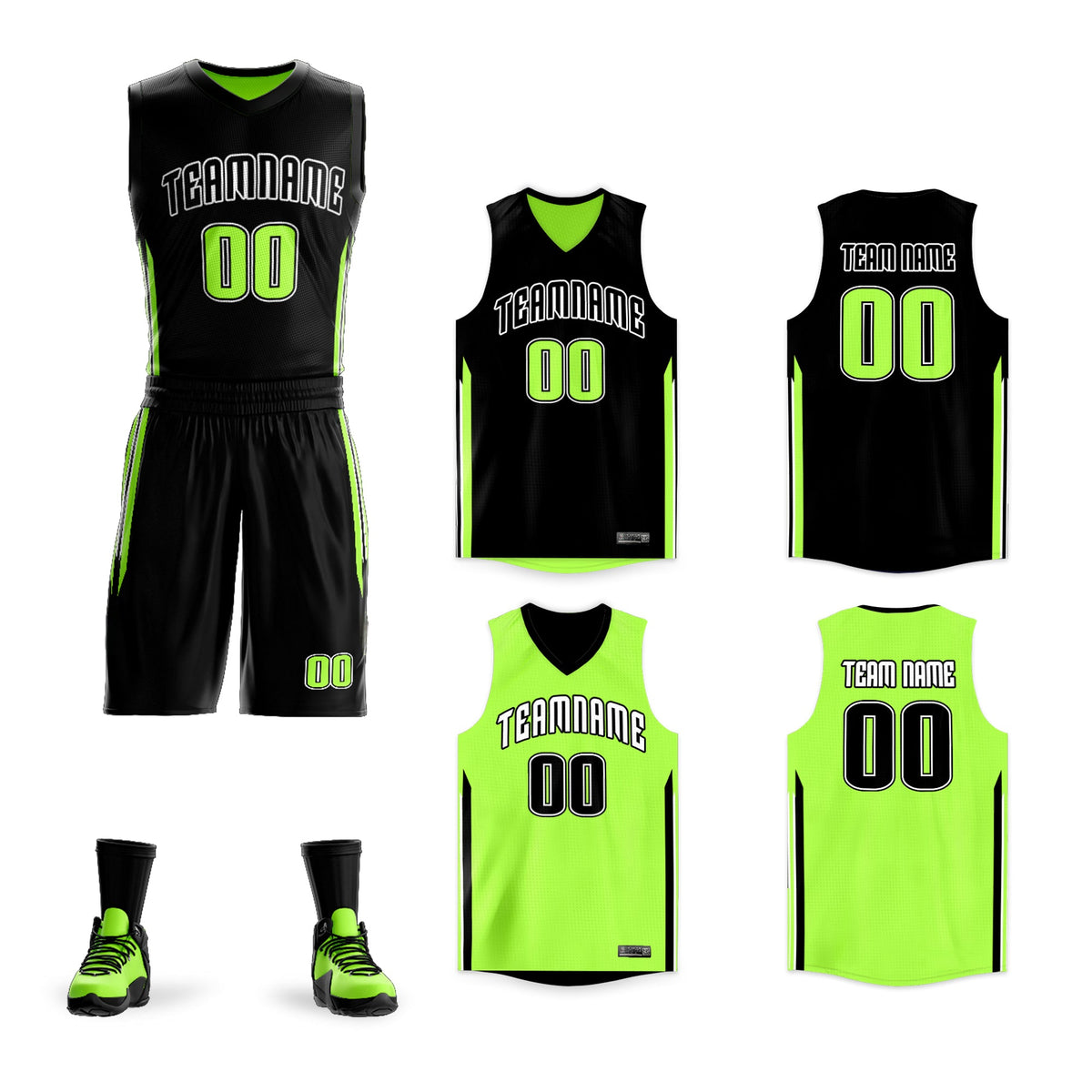 Custom Black Neon Green Double Side Kits Design Sportswear Basketball Jersey