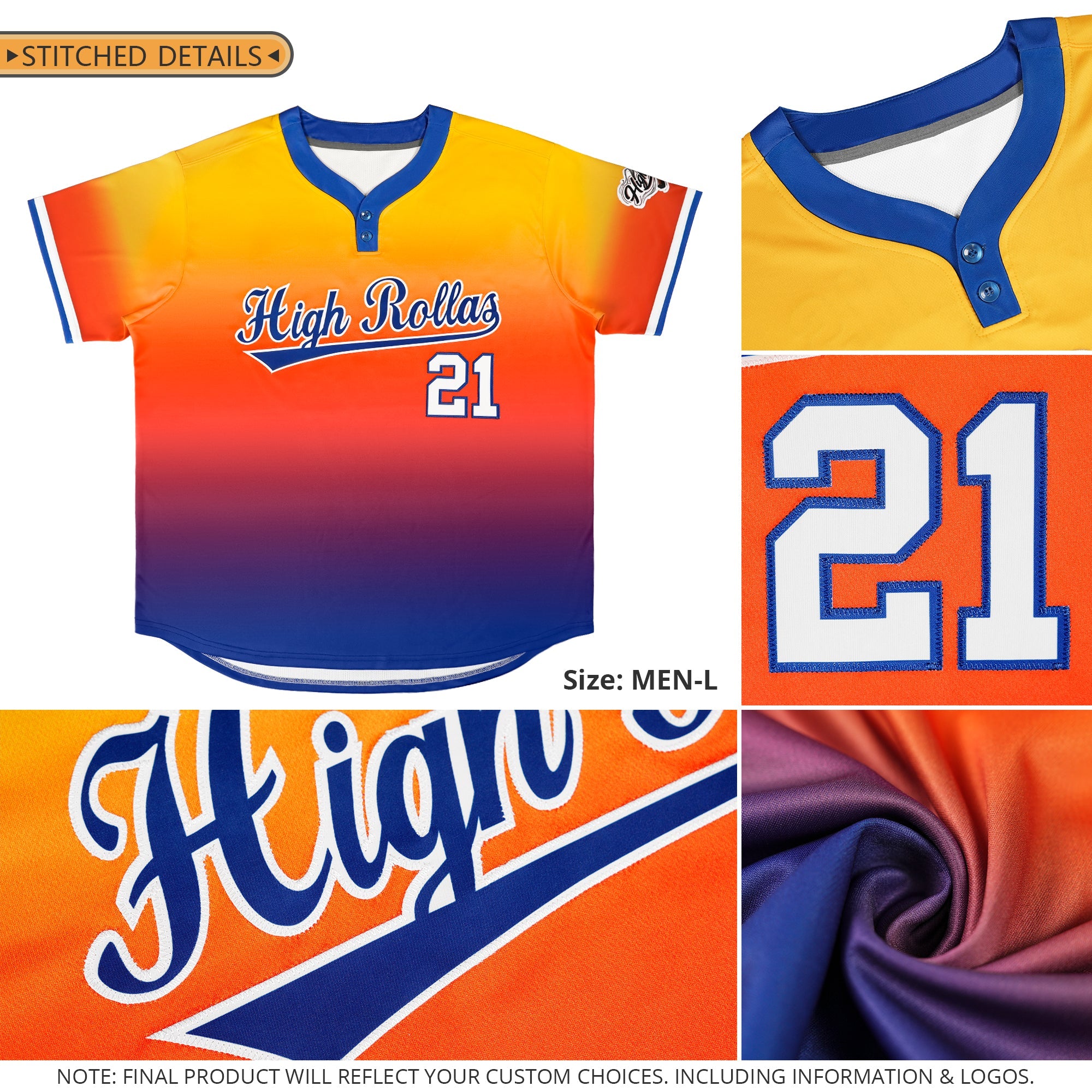 Custom Gold Orange Royal-White Gradient Fashion Authentic Two-Button Baseball Jersey