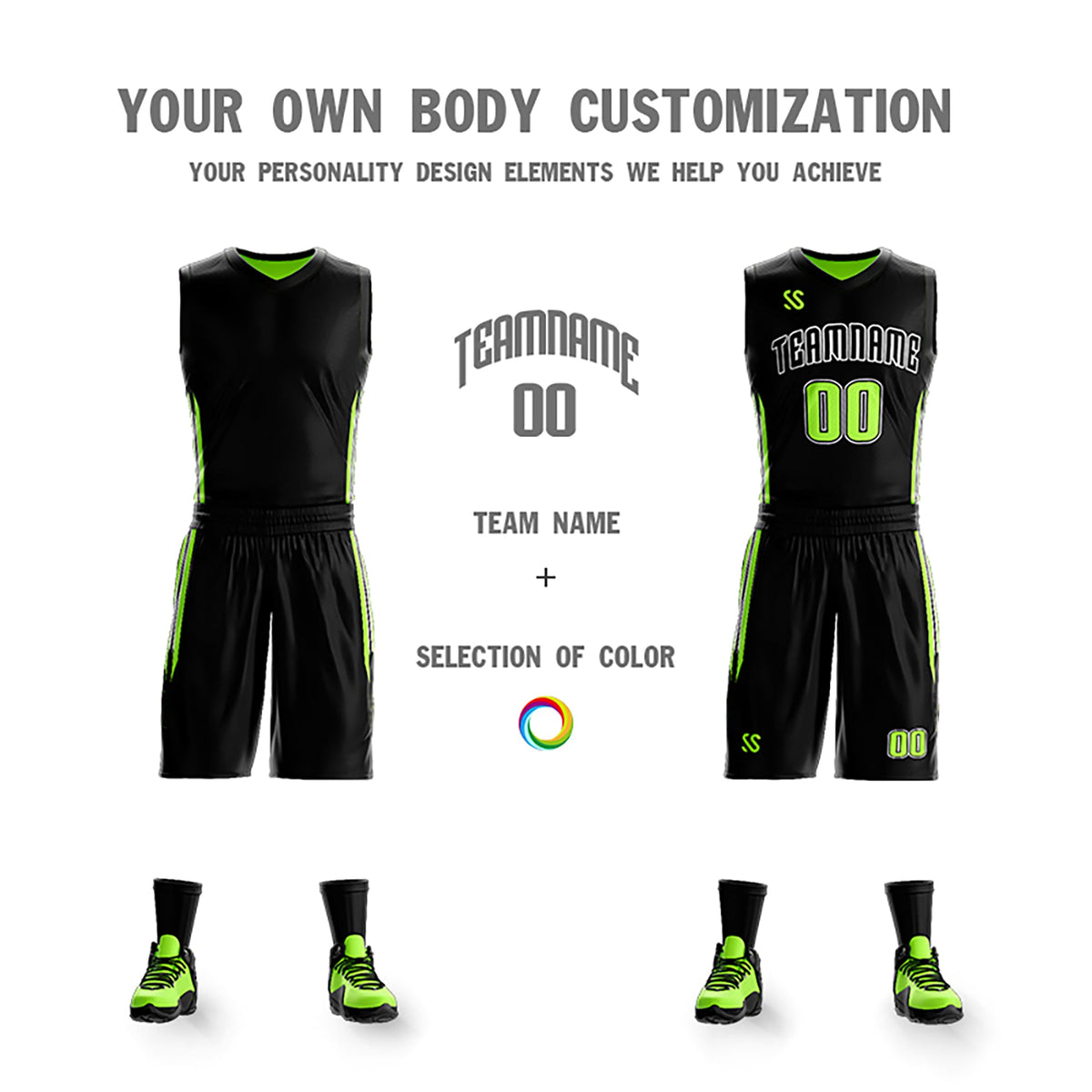 Custom Black Neon Green Double Side Kits Design Sportswear Basketball Jersey