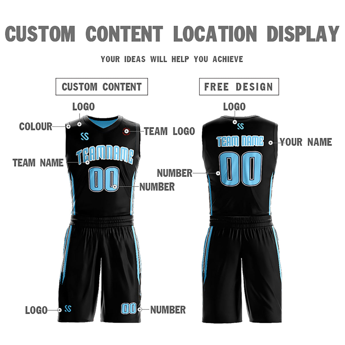 Custom Black Blue Double Side Kits Design Sportswear Basketball Jersey