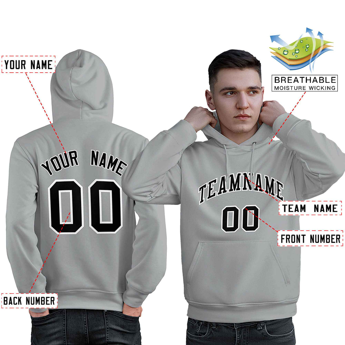 Custom Gray Black-White Classic Style Personalized Sport Pullover Hoodie| KXKSHOP