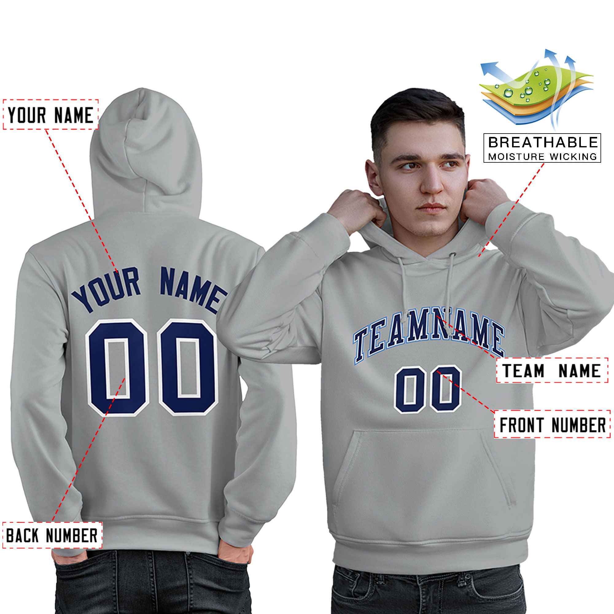 Custom Gray Light Blue-Navy Classic Style Personalized Sport Pullover Hoodie| KXKSHOP