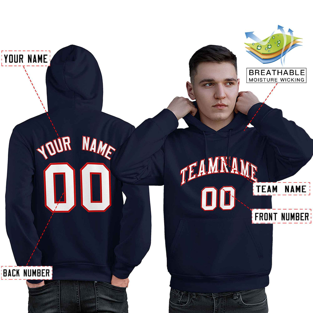 Custom Navy Red-White Classic Style Personalized Sport Pullover Hoodie| KXKSHOP