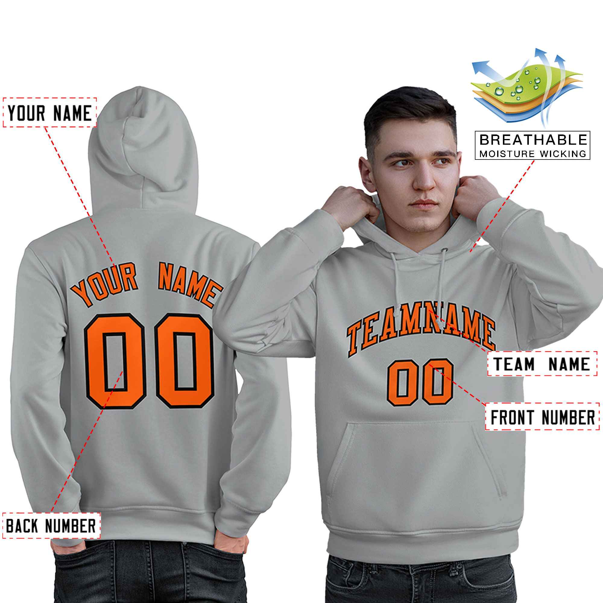 Custom Gray Orange-Black Classic Style Personalized Sport Pullover Hoodie| KXKSHOP