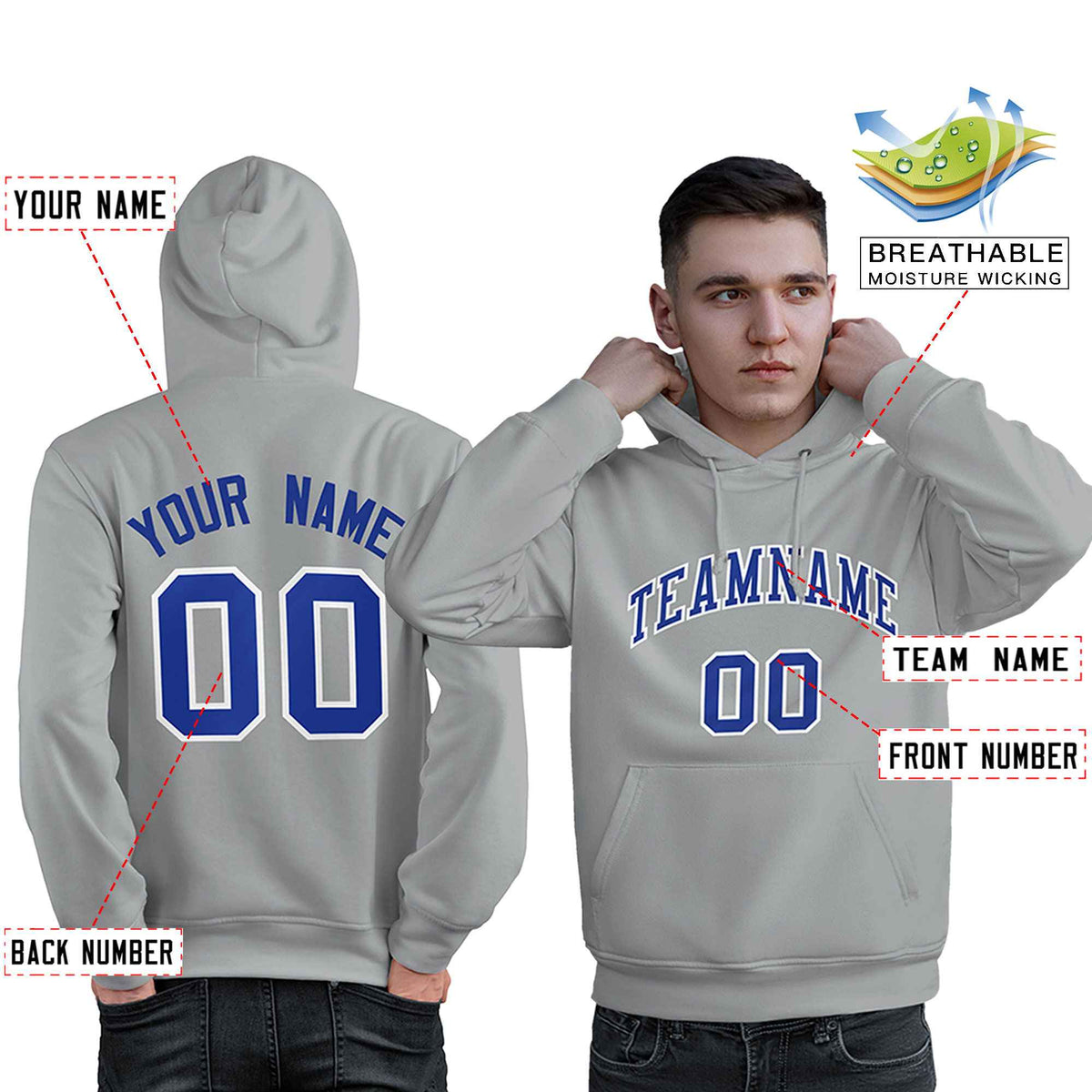 Custom Gray Royal-White Classic Style Personalized Sport Pullover Hoodie| KXKSHOP