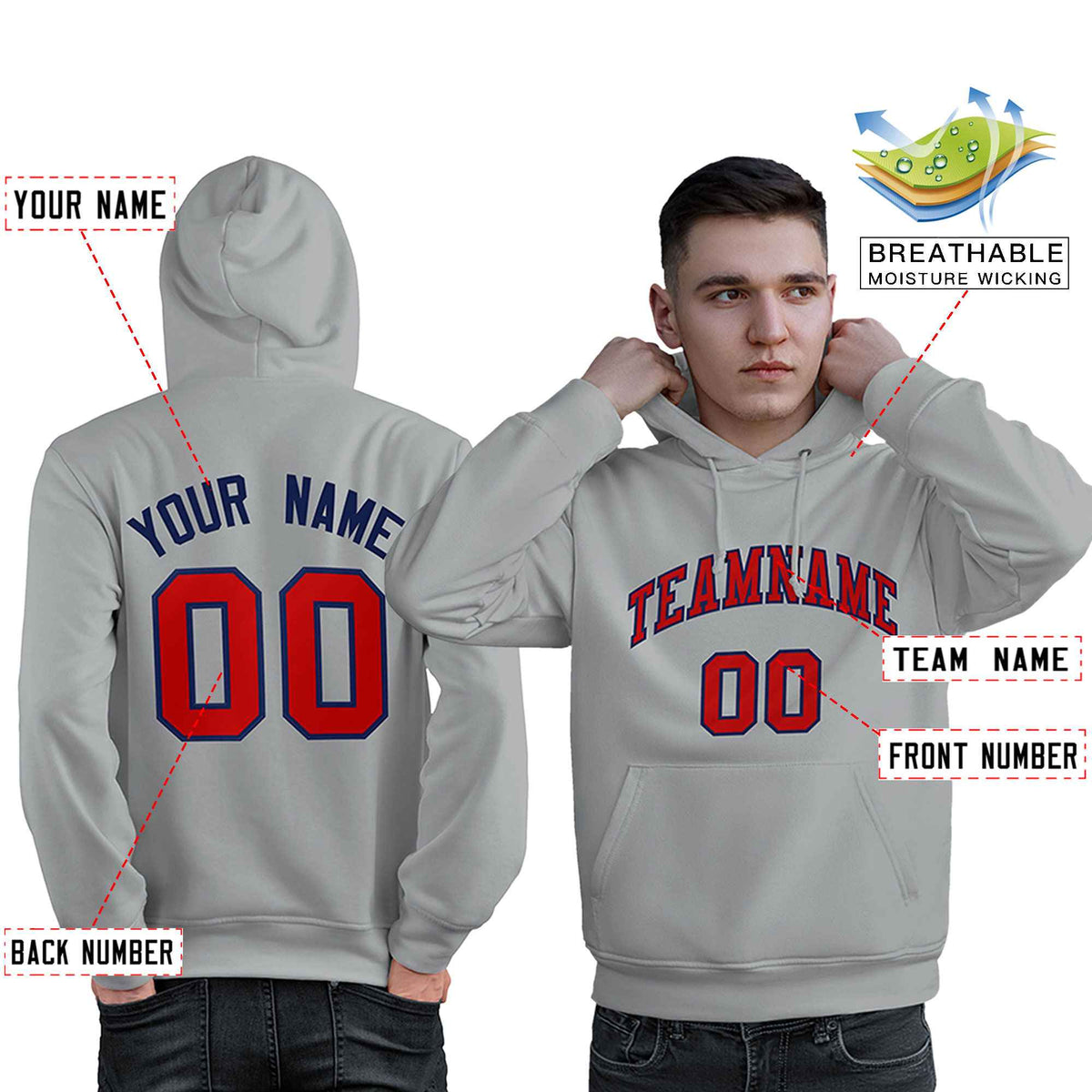 Custom Gray Red-Royal Classic Style Personalized Sport Pullover Hoodie| KXKSHOP