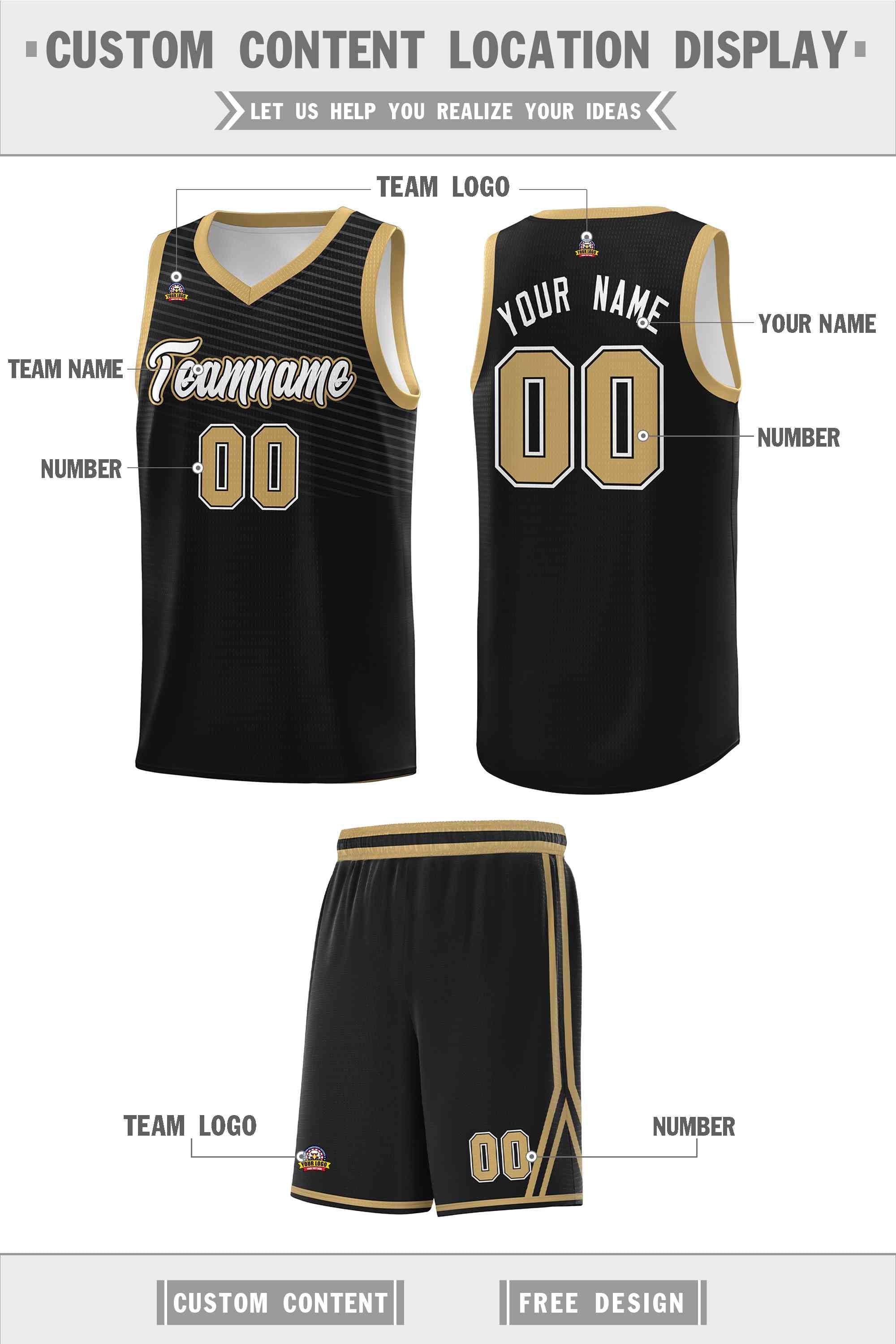 Custom Black Old Gold Chest Slash Patttern Sports Uniform Basketball Jersey