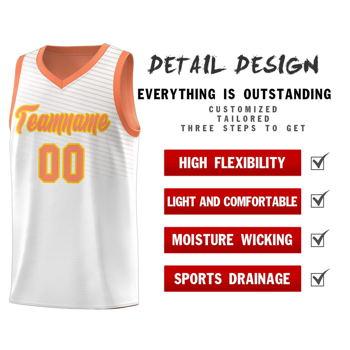 Custom White Light Orange Chest Slash Patttern Sports Uniform Basketball Jersey