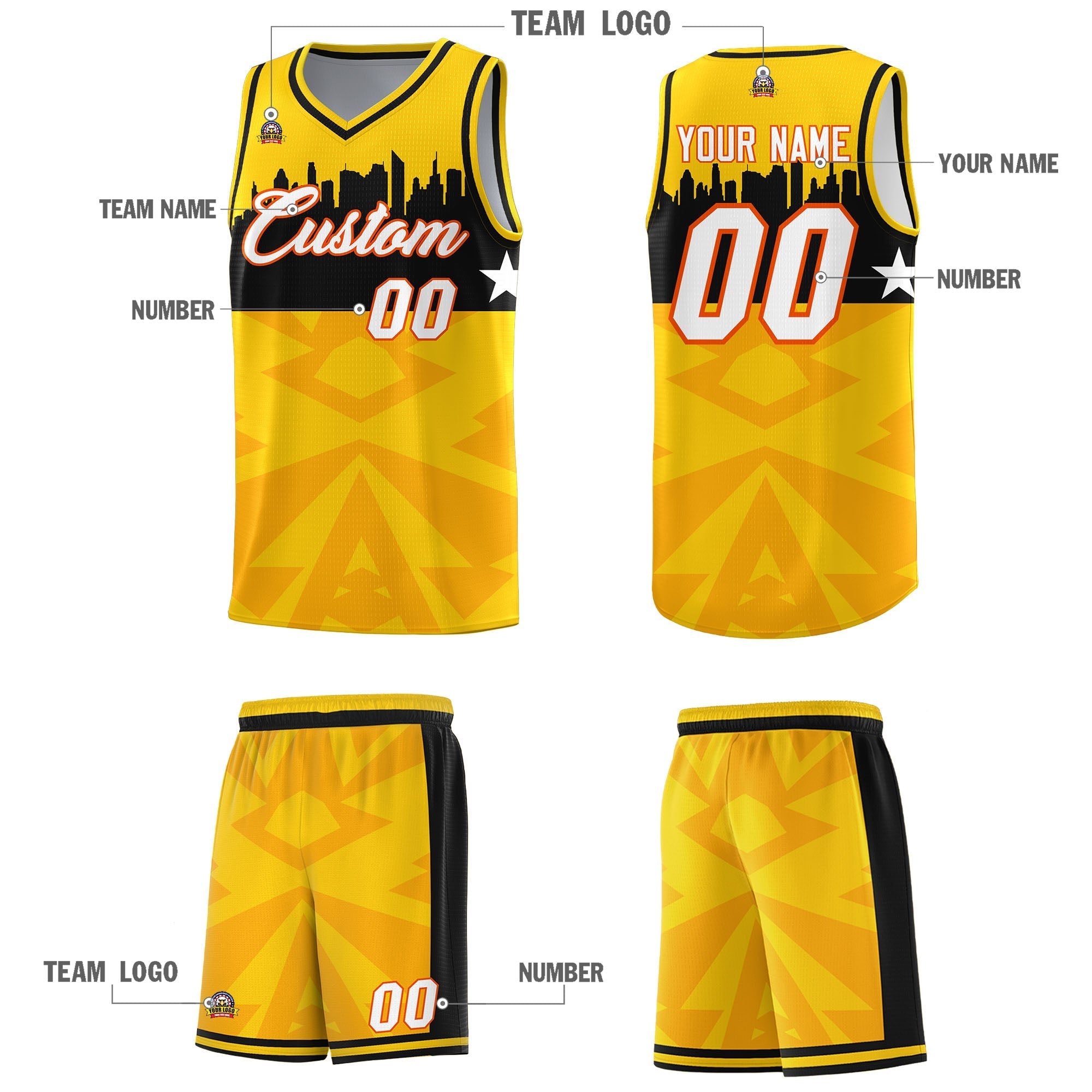 Custom Gold Personalized City Silhouette Pattern Sports Uniform Basketball Jersey|KXKSHOP