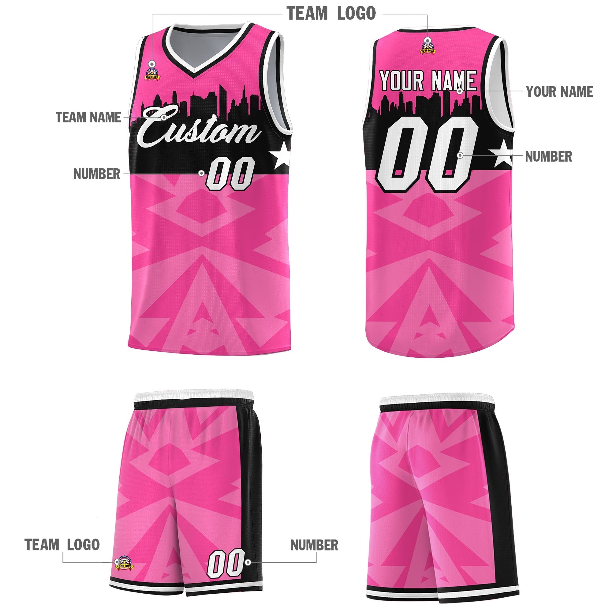 Custom Pink Personalized City Silhouette Pattern Sports Uniform Basketball Jersey|KXKSHOP