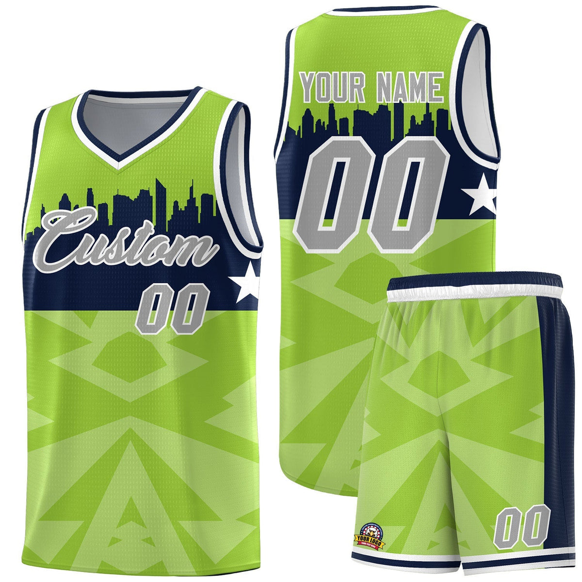 Custom Neon Green Personalized City Silhouette Pattern Sports Uniform Basketball Jersey|KXKSHOP
