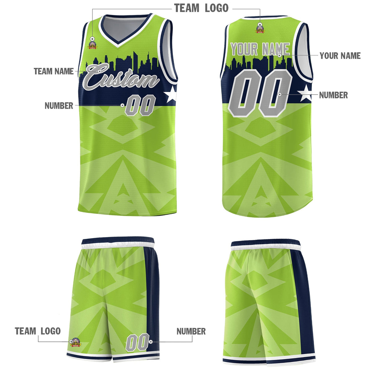Custom Neon Green Personalized City Silhouette Pattern Sports Uniform Basketball Jersey|KXKSHOP
