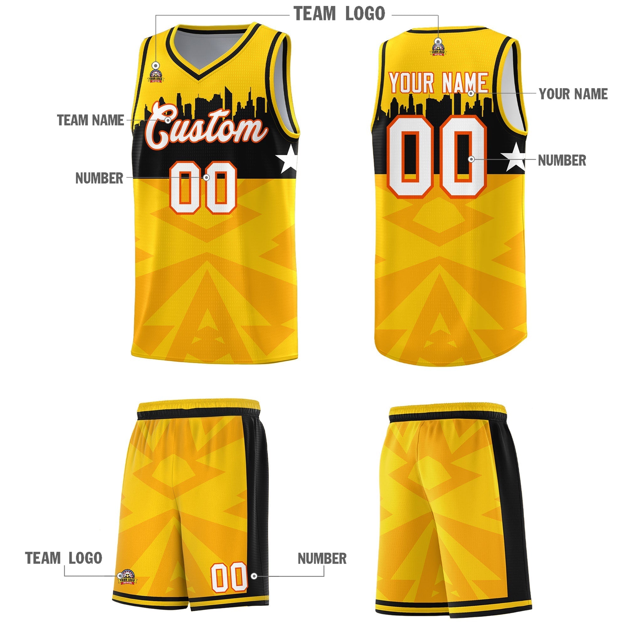 Custom Gold Personalized City Silhouette Pattern Sports Uniform Basketball Jersey|KXKSHOP