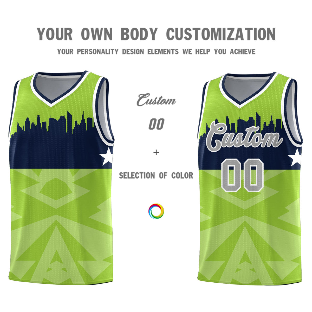Custom Neon Green Personalized City Silhouette Pattern Sports Uniform Basketball Jersey|KXKSHOP