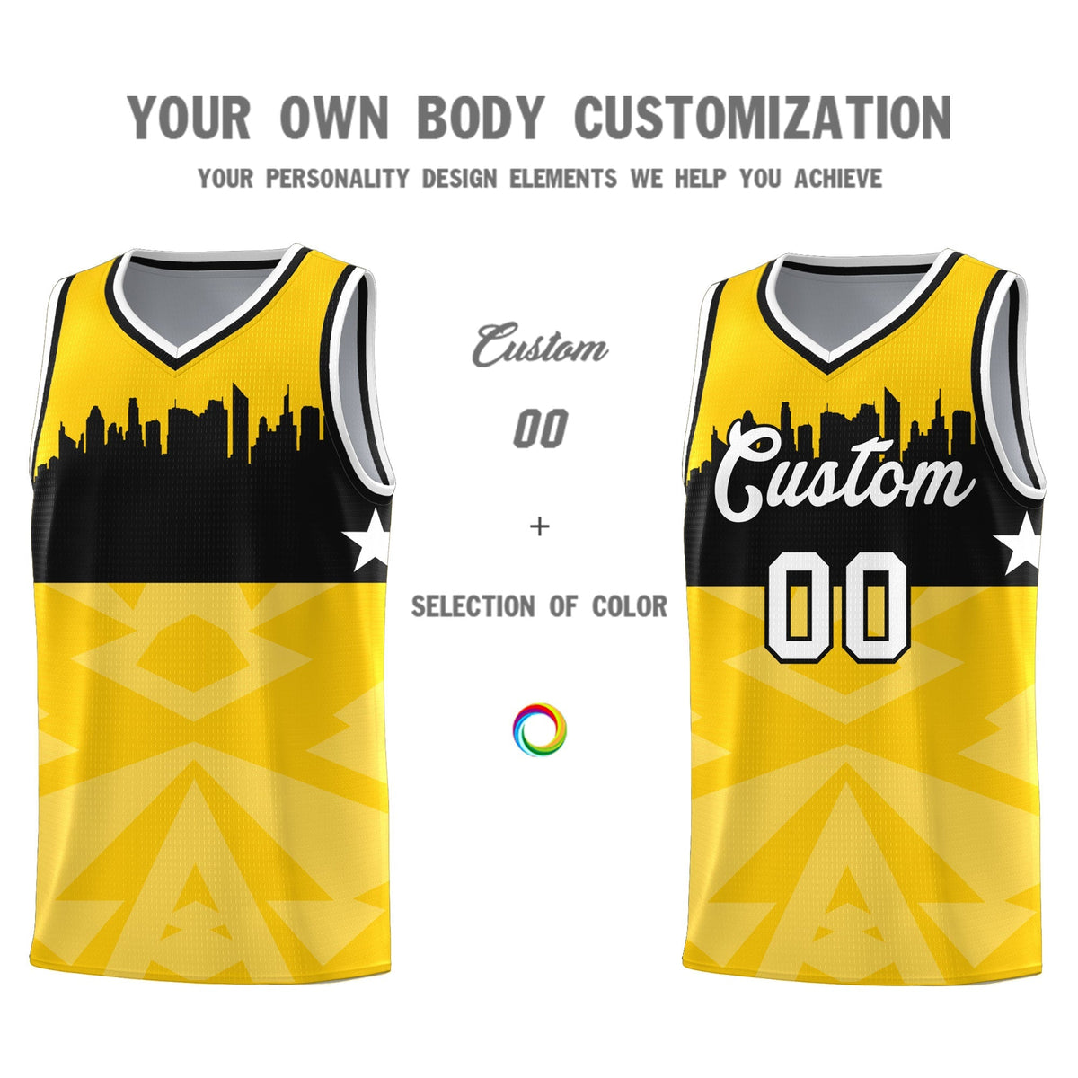 Custom Gold Personalized City Silhouette Pattern Sports Uniform Basketball Jersey|KXKSHOP