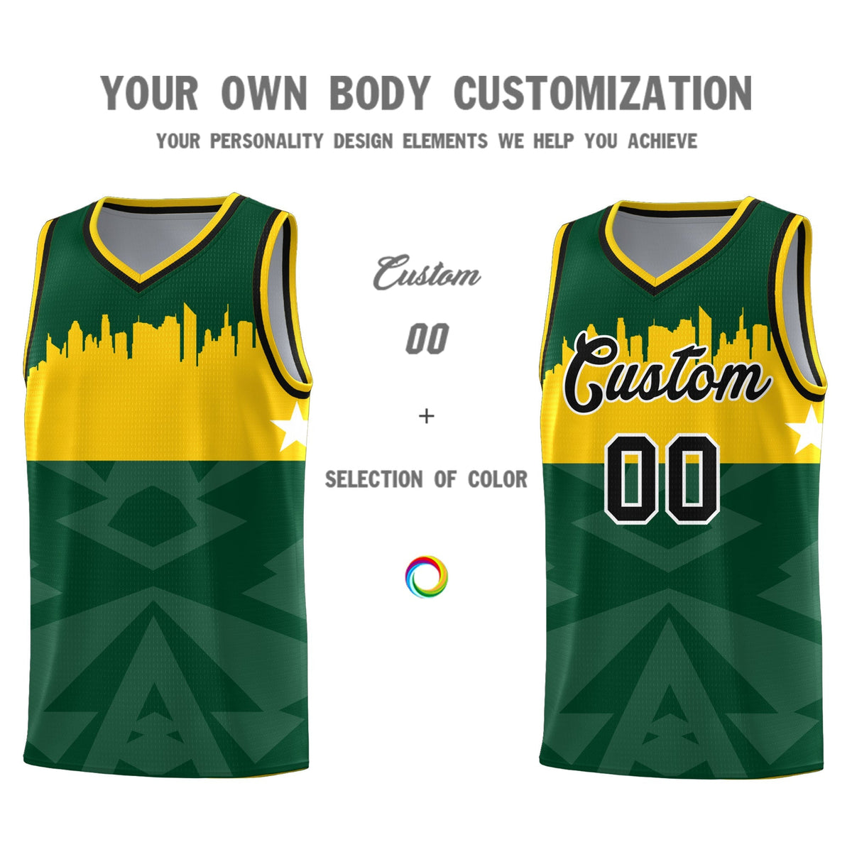 Custom Green Personalized City Silhouette Pattern Sports Uniform Basketball Jersey|KXKSHOP